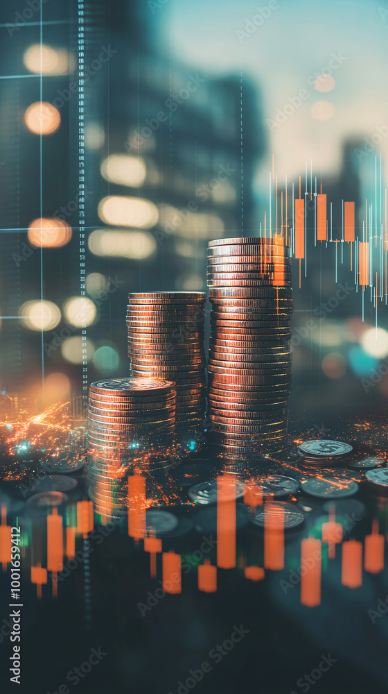 Poster coins stacking up, displaying stock market data visuals indicating growth potential and stability ov