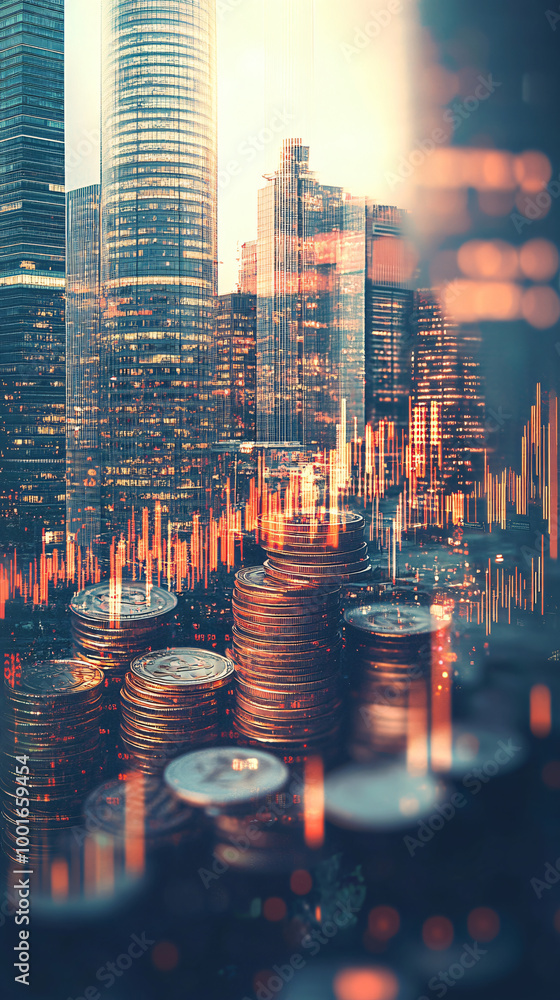 Poster cryptocurrency values are soaring with a city skyline and stock market chart in the background