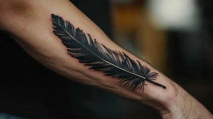 Black feather tattoo on forearm for men's body art design inspiration