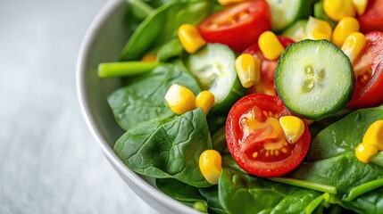 Fresh vegan spring salad with spinach, tomatoes, and corn – top view for healthy living