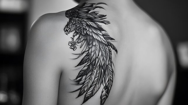 Black and white photo of a woman with a detailed bird tattoo on her back