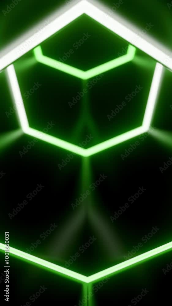 Fototapete Animation in moving tunnel with hexagonal glowing lines. Design. Movement in rotating cyber tunnel with neon lines. Dark cyber tunnel with hexagonal neon lines