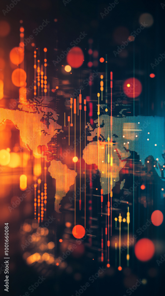 Poster world map is glowing on a digital interface, with data connecting global networks, symbolizing globa