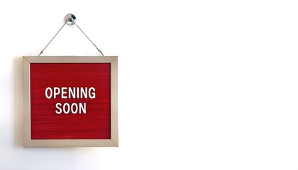 opening soon words sign written on red rectangular banner. Conceptual symbol announcing a business will be open for business in near future. isolated on white background with copy space.