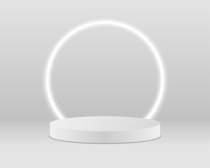 Empty white cylinder podium with shadows on white background. 3d platform or pedestal. Product display stand or showcase. A bright white light illuminates a white podium. Mockup or showroom arena.