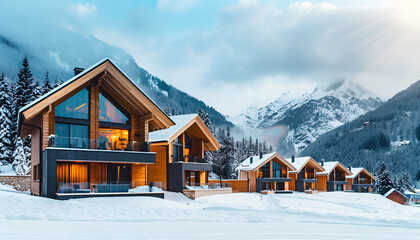 Modern Ski Resort with Sleek Contemporary Chalets and Snow-Covered Mountains in the Background. Concept of Winter Vacation, Luxury Accommodation, Nature Getaway, hotel