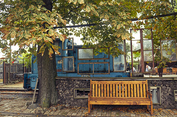 Autumn style photo. Untraditional seating under a chestnut tree. Autumn leaves, a wooden bench, an old decommissioned locomotive in the background. Sitting in the park, bench, tree, autumn