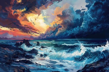 Fototapeta premium A painting of a stormy ocean with a bright sun in the sky, generative ai image