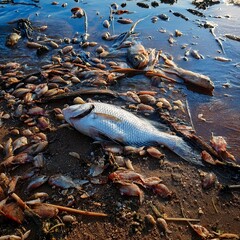 dead fish washing ashore and sea lake water pollution with dead fish 
