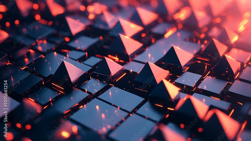 Poster abstract 3d rendering of black pyramids on grid of blue squares with glowing red lights