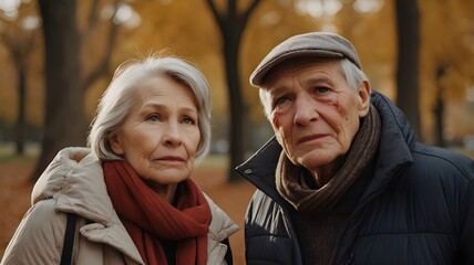 Fototapeta premium An older couple looking worried are walking in the park during the fall season