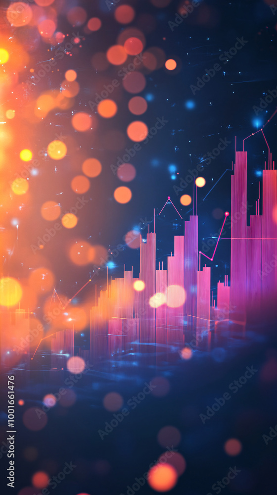 Poster bokeh lights and growing trends in a stock market chart: an abstract background