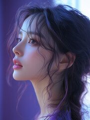 Naklejka premium A Korean woman with elegant features poses gracefully in soft purple light by a window in a stylish indoor setting
