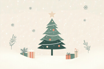 Fototapeta premium Minimalist Christmas tree with gifts and snowflakes in a serene winter wonderland AI generated
