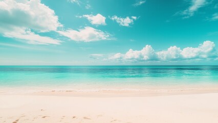 A sunny beach paradise with soft sand, clear blue water, and a bright sky filled with fluffy clouds, perfect for a relaxing summer vacation