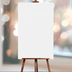 Vertical blank sign on stand mockup, festive blurred glitter background