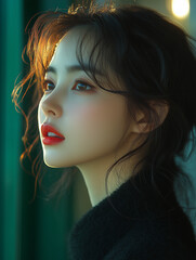 Fototapeta premium A Korean woman with flowing hair and striking red lips gazes thoughtfully out a window in soft natural light, capturing a serene moment
