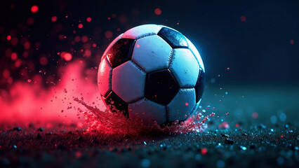 Naklejka premium Soccer ball in motion with splashing, in neon light