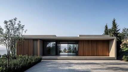 Obraz premium Modern minimalist house exterior with concrete and wood facade