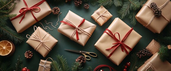 Festively wrapped Christmas gifts arranged on a green background with decorative elements like pinecones and spruce branches during the holiday season. Wide web banner.