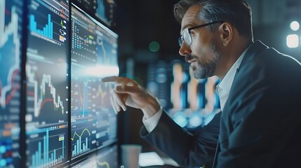 Businessman analyzing stock market data on computer screen. Business and finance concept