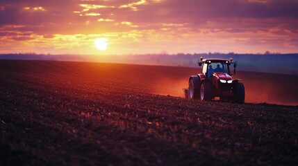 Fototapeta premium Tractor plowing field during planting season. A tractor cultivator cultivates and digs the soil