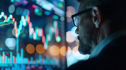 Side view of bearded trader using digital tablet in trading room at night