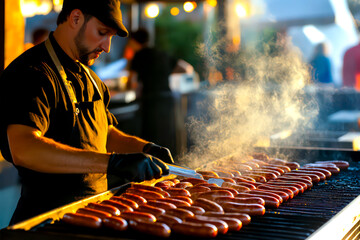 A chef cooking bratwurst on a grill. 