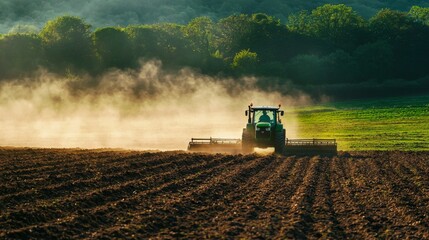 Obraz premium Tractor plowing field during planting season. A tractor cultivator cultivates and digs the soil