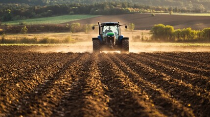 Fototapeta premium Tractor plowing field during planting season. A tractor cultivator cultivates and digs the soil