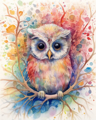 Fototapeta premium Experience the beauty of a multicolor baby owl watercolor through Safari Artwork