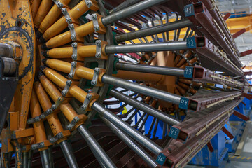 Assembly of transformer core in the factory workshop.