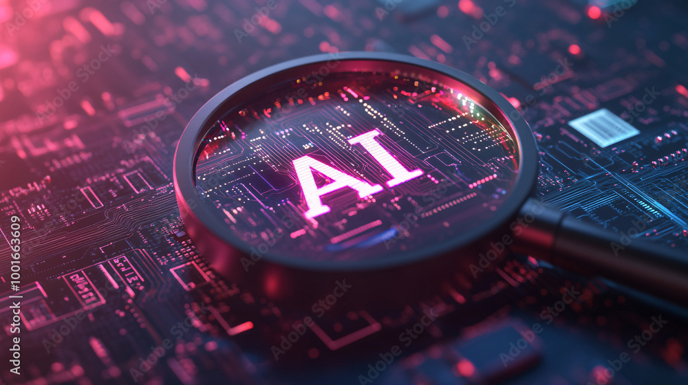 Poster examining and developing artificial intelligence: a magnifying glass focuses on a glowing ai chip in