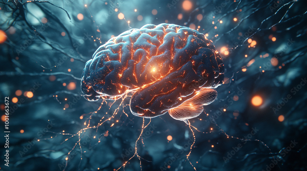 Poster 3d illustration of a human brain with glowing neurons firing, symbolizing complex thought processes and cognitive function