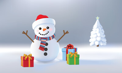 Cute cheerful smiling snowman in the snow, surrounded by colorful boxes with gifts. Christmas tree in the background. Vector illustration