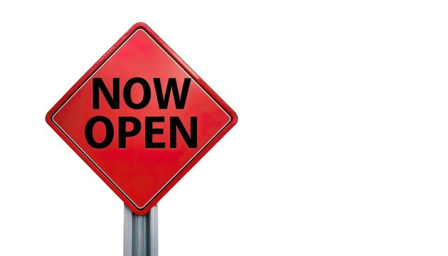now open words sign written on red rectangular banner. Conceptual symbol announcing a business is open for business. isolated on white background with copy space.