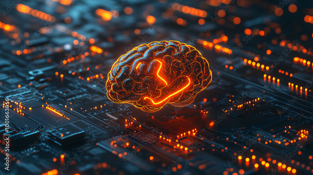 Aufkleber artificial intelligence with glowing brain learns and solves problems on circuit board