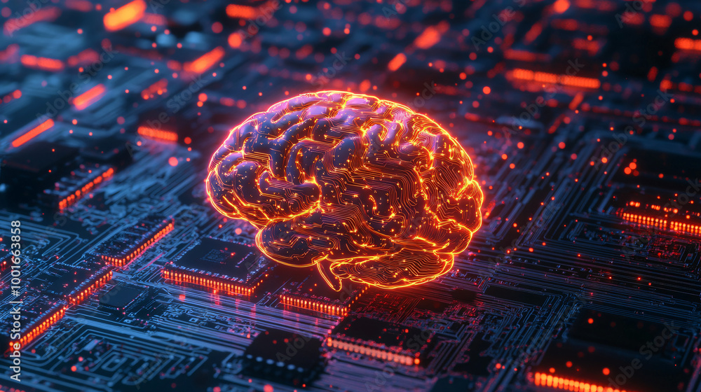 Aufkleber glowing brain made of circuits is sitting on a motherboard, symbolizing the power of ai