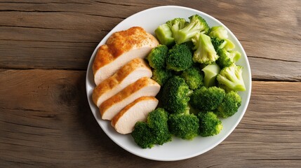 Healthy spring meal: cooked chicken and vegetables on rustic wood