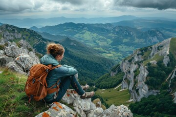 Naklejka premium A woman is sitting on a rock in the mountains with a backpack on her back, generative ai image