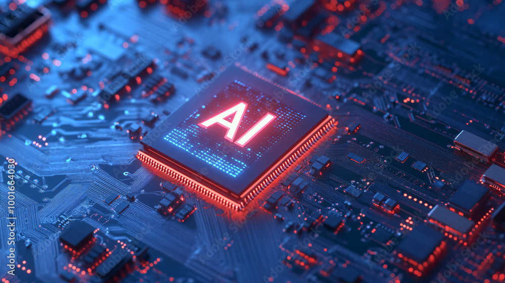 Aufkleber the motherboard's central processing unit with ai circuitry is emitting red and blue light