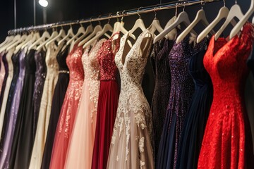 A store display of dresses with a pink dress in the middle, generative ai image