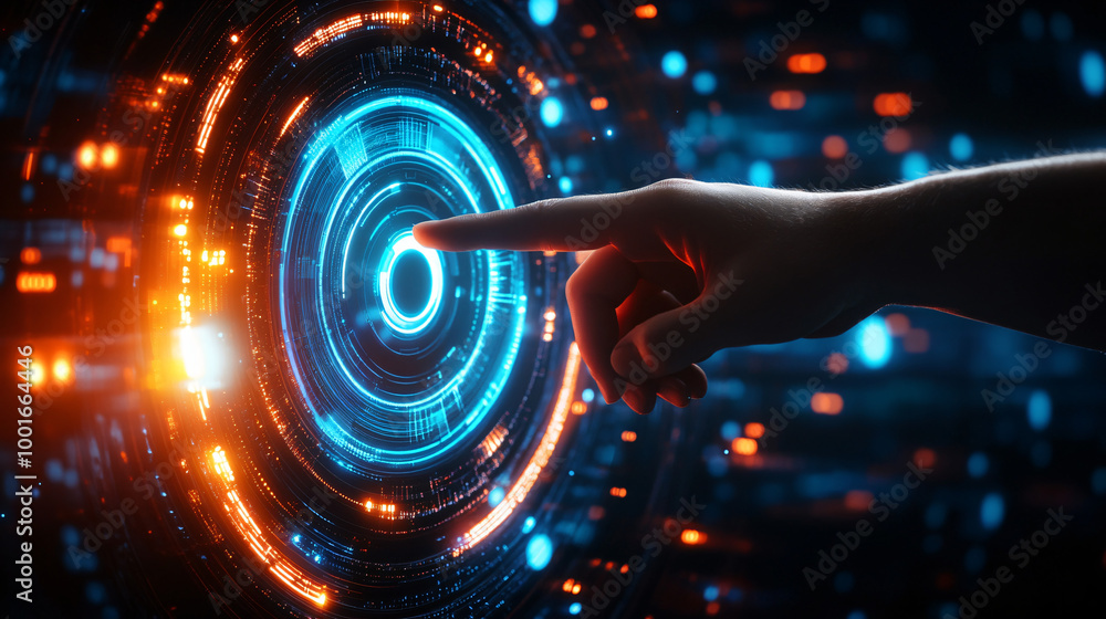 Aufkleber businessman activates a digital button on a futuristic interface, symbolizing technology and innovat