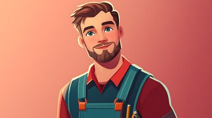 Smiling handyman with beard and overalls holding a pencil and a measuring tape