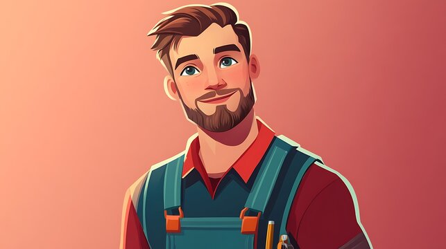 Smiling handyman with beard and overalls holding a pencil and a measuring tape
