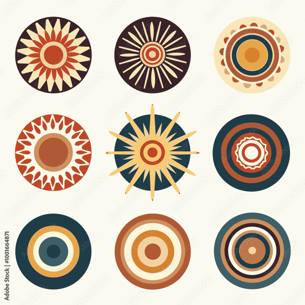 Aufkleber a collection of colorful geometric mandala patterns with a retro style on a light background.