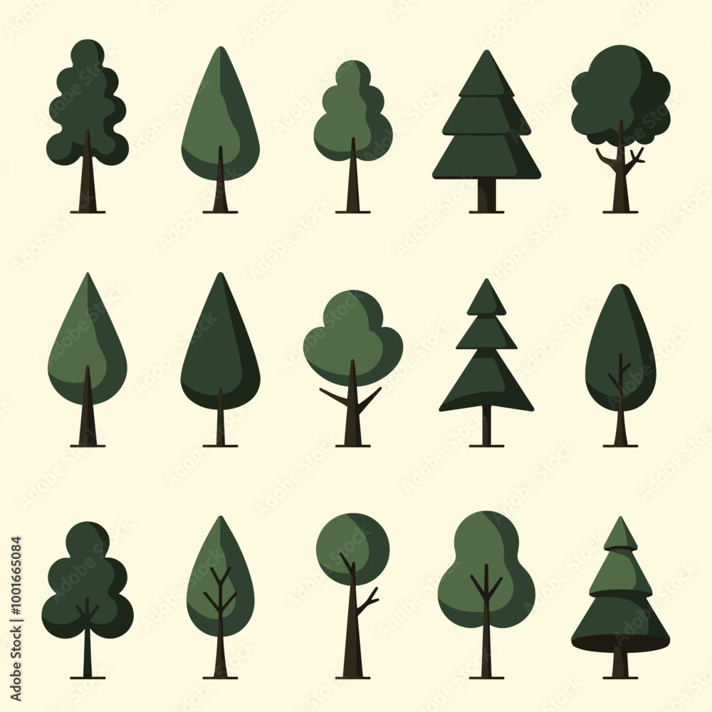 Poster vector illustrations of various tree types, each uniquely stylized with simple, clean lines and shad