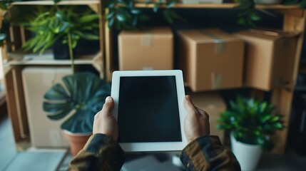 Close up of female hands holding tablet computer with blank screen while moving to new house