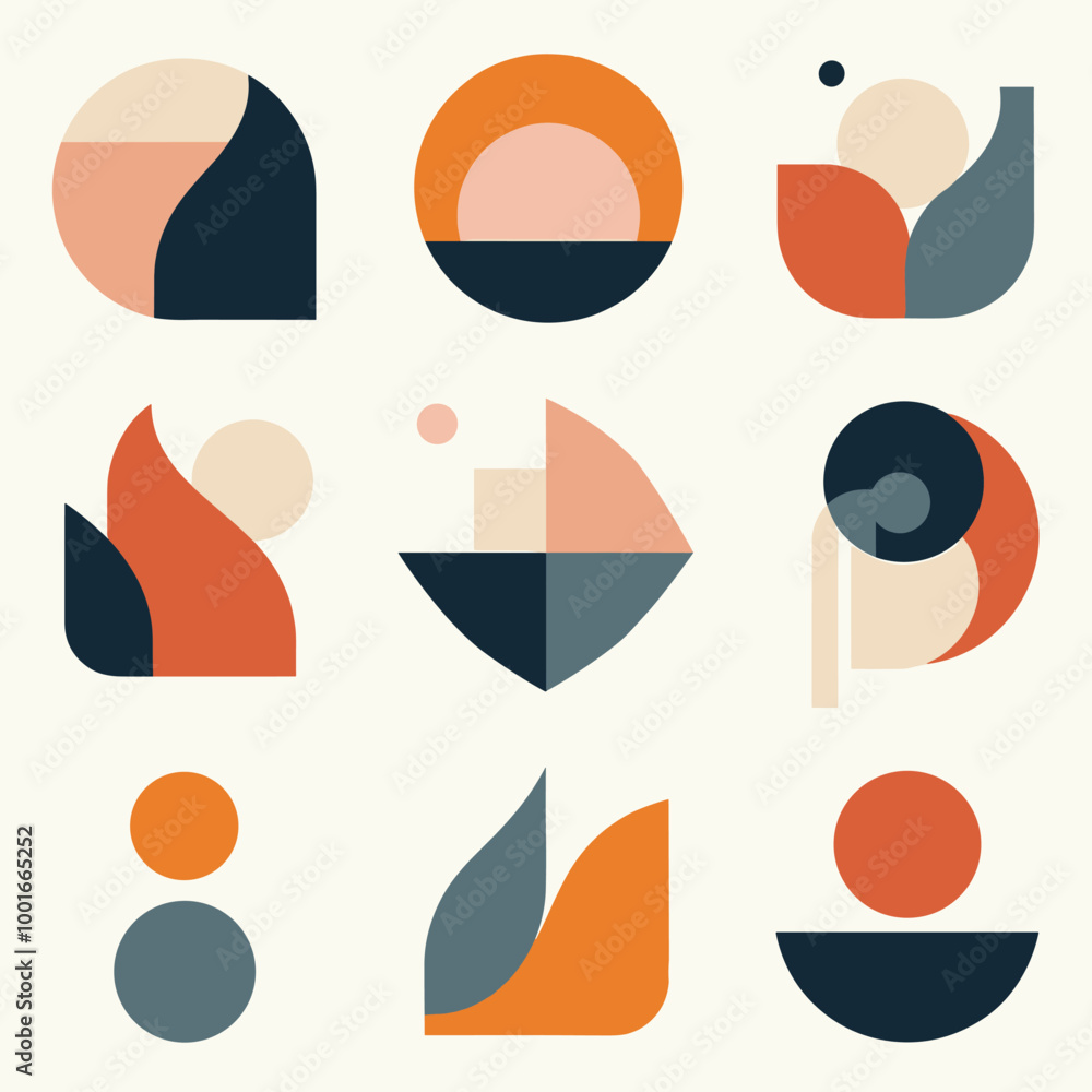 Poster abstract geometric art with various shapes and colors on a light background.