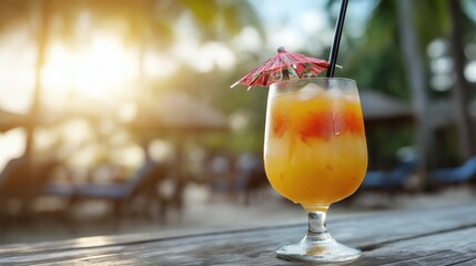 Tropical summer vibes with fresh fruit cocktail at sunset beach
